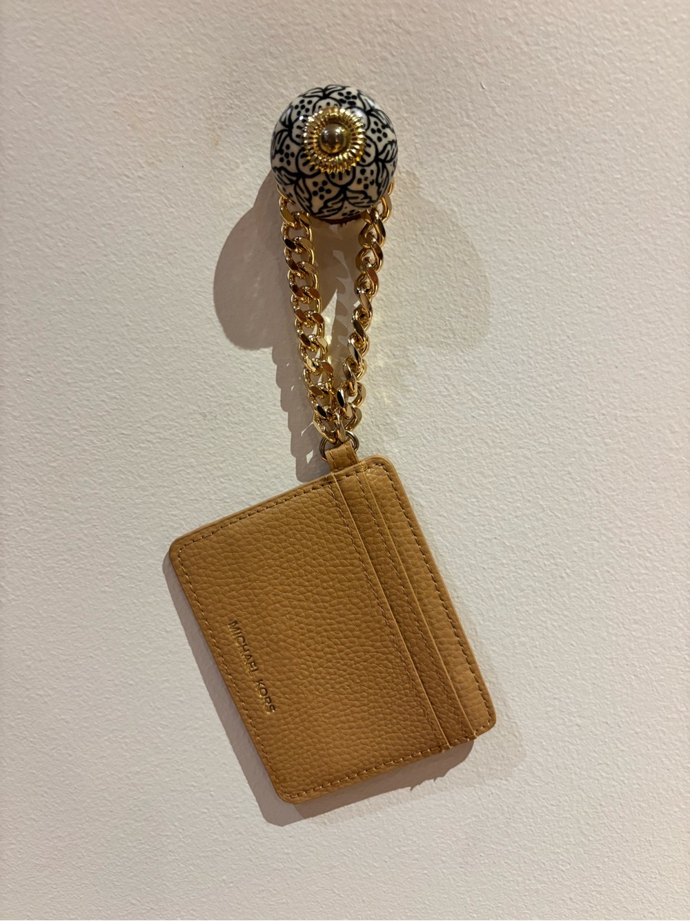 Michael Kors Camel Leather Card Holder with Gold Chain Accent